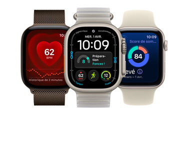 Trois Apple Watch : Apple Watch Series 12, boîtier en aluminium, couleur bronze sombre, app Fréquence cardiaque, Bracelet Milanais couleur bronze sombre, Apple Watch Ultra 4, boîtier en titane, finition naturelle, cadran Modulaire avec les complications Préparation, Fréquence cardiaque, Exercices et Indice UV, côté droit, Digital Crown, bouton latéral en saillie, Bracelet Océan couleur kelp translucide, Apple Watch SE 3, boîtier en aluminium, lumière stellaire, score de sommeil, côté droit, Digital Crown, Bracelet Sport couleur sable