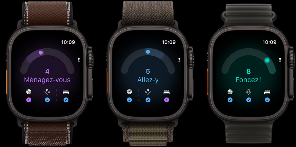 Trois Apple Watch Ultra 4 : boîtier en titane noir, score de préparation 4, bracelet Boucle Trail terre d’ombre foncée, boîtier en titane noir, score de préparation 5, bracelet Boucle Alpine olive sombre, boîtier en titane noir, score de préparation 8, Bracelet Océan noir translucide