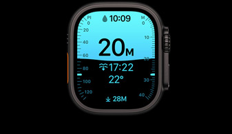 Apple Watch Ultra 4, titanium case, black color, Depth app showing diving metrics, right side exterior, Digital Crown, raised side button