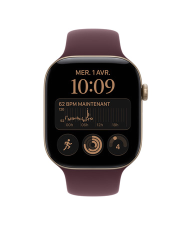 Apple Watch Series 12, boîtier en aluminium, or clair, app Fréquence cardiaque, moyenne de VFC de 72 ms, Bracelet Sport, bourgogne