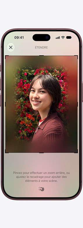 iPhone 18 Pro, front exterior, Spatial Reframing being used to reframe a close-up photo of a person with red roses behind her