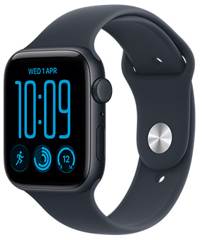 Apple Watch SE 3，午夜暗色鋁金屬錶殼，配搭黑色運動錶帶，配以收入式鈕扣 (銀色鈕扣)，機身右側有數碼錶冠、咪高風、側邊按鈕