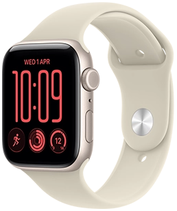 Apple Watch SE 3，星光色鋁金屬錶殼，配搭沙色 (淺杏啡色) 運動錶帶，錶帶採用橡膠物料，配以銀色金屬收入式鈕扣，機身有數碼錶冠、咪高風和側邊按鈕