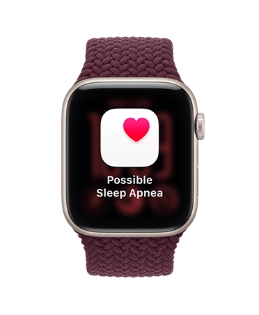 Apple Watch SE 3, screen shows possible sleep apnea notification, aluminum case, starlight color, right side exterior, Digital Crown dial, connected to Braided Sport Loop band, burgundy color
