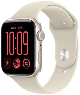 Apple Watch SE 3, aluminum case, starlight color, Modular Compact watch face, complications: day and date, Run workout, Activity rings, Weather, right side exterior, Digital Crown, side button, Sport Band, sand color