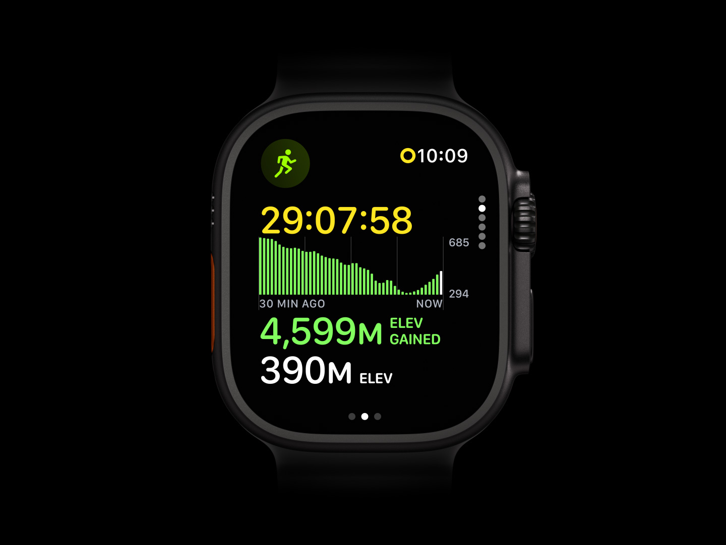 Apple Watch Ultra 4, titanium case, black color, Outdoor Run Workout showing a graph of elevation gained, right side exterior, Digital Crown, raised side button, translucent gray Ocean Band