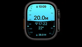 Apple Watch Ultra 4, titanium case, black color, Depth app showing diving metrics, right side exterior, Digital Crown, raised side button