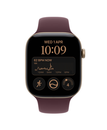 Apple Watch Series 12,淺金色鋁金屬錶殼,配搭布根地紅色運動錶帶,螢幕展示心率 app、健康和健身圖示