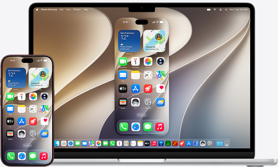iPhone 和 MacBook 型號並排展示，MacBook 螢幕顯示鏡像效果，背景圖片為一般背景圖片