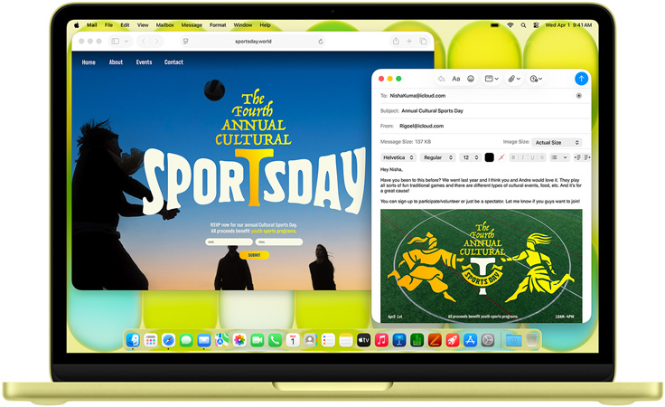 Prikaz MacBooka Neo u citrusnoj boji, na kojem korisnik sastavlja e-mail s pozivnicom na izložbu. Internetska stranica za događanje otvorena je u dodatnom prozoru