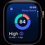 Apple Watch Series 12 asztroszürke alumíniumtokkal, az alvási pontszám kördiagramja, Digital Crown forgatógomb a tok jobb oldalán