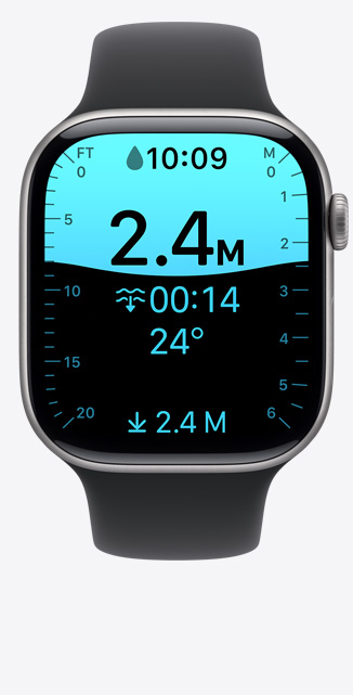 Apple Watch Series 11 rozéaranyszínű alumíniumtokkal, a kijelzőn a Mélység app, amely 8 láb mély merülést mutat