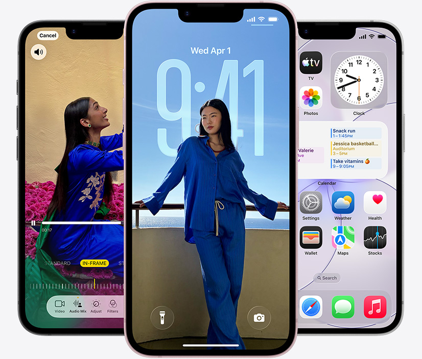 Three iPhone 17e devices, front exterior, screenshot featuring Writing Tools in use, Lock Screen showing a photo of a person, and Messages app sending messages via satellite