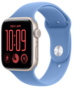 Apple Watch SE 3, Aluminium case, starlight colour, Flux watch face, right side exterior, Digital Crown, microphone, side button, starlight Sport Band, silver pin-and-tuck closure