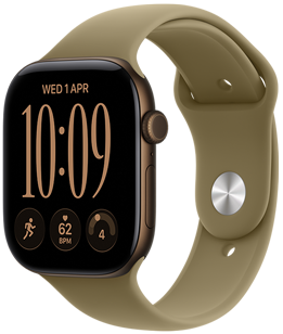 Apple Watch Series 12, aluminium case, dark bronze colour, right side exterior, Digital Crown dial, microphone, side button, connected to Sport Band, olive colour (earthy green), pin-and-tuck closure (silver pin)