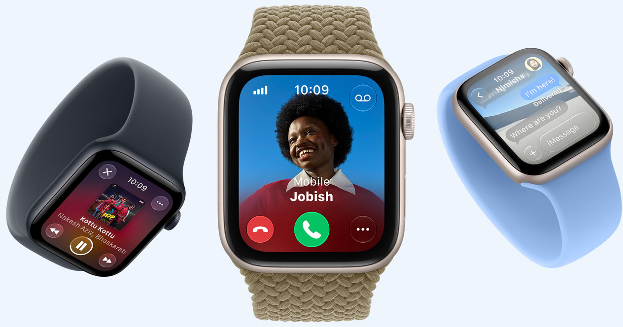Apple Watch SE 3 devices, screens show Apple Music, incoming call, Messages, aluminum cases, starlight and midnight colours, bands: Solo Loop, navy blue, wildflower blue colors, Braided Solo Loop, olive colour (earthy green)