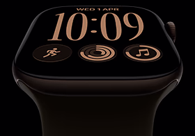 Apple Watch Series 12, aluminium case, dark bronze colour, Modular watch face, complications: day and date, Workouts, Activity rings, Apple Music, right side exterior, Digital Crown, Sport Band, olive colour