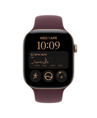 Apple Watch Series 12, screen shows heart rate app, health and fitness icons, aluminium case, light gold colour, connected to Sport Strap, burgundy colour
