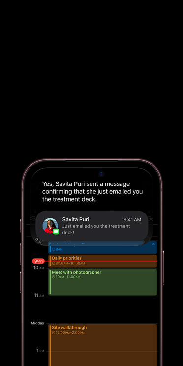 iPhone 18 Pro, Burgundy color, partial front exterior, display screen shows conversation with Siri AI using Apple Intelligence, calendar app displayed below an iMessage about a deck treatment