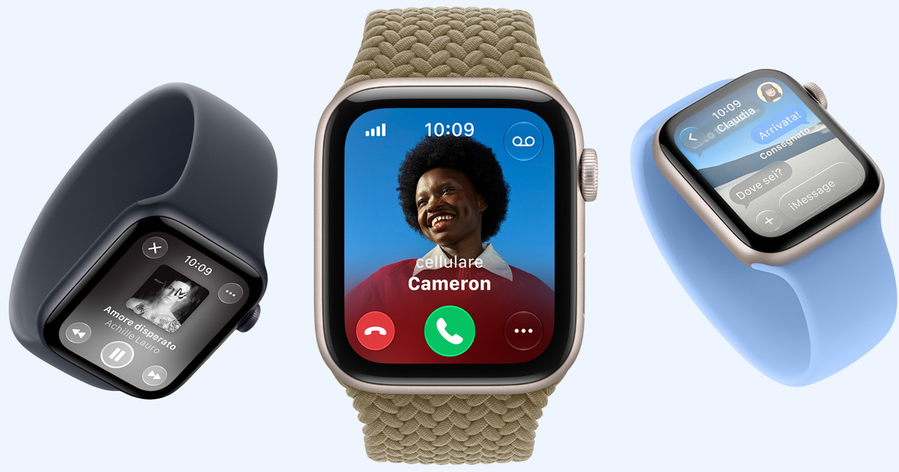 Apple Watch SE 3 devices, screens show Apple Music, incoming call, Messages, aluminum cases, starlight and midnight colors, bands: Solo Loop, navy blue, wildflower blue colors, Braided Solo Loop, olive color (earthy green)