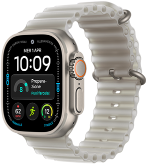 Apple Watch Ultra 4, cassa in titanio naturale, quadrante Modulare, complicazioni: giorno e data, Preparazione, frequenza cardiaca, allenamento Corsa, Meteo, lato destro, Digital Crown, tasto laterale in rilievo, cinturino Ocean grigio traslucido