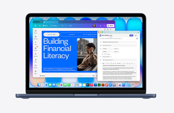 MacBook Neo color mezzanotte che mostra la pagina web “Building Financial Literacy” con l’immagine di una persona, la bozza di un’email, la barra dei menu con varie icone, e in basso il Dock con le icone delle app