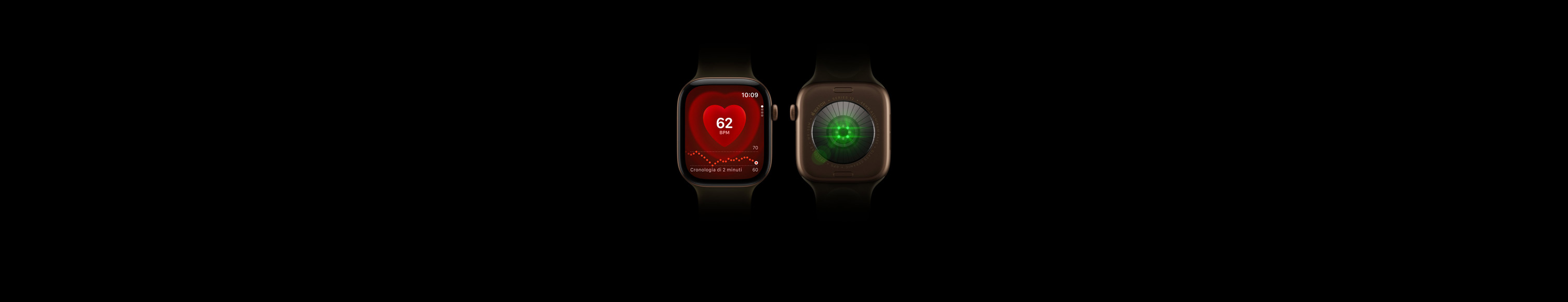 Due Apple Watch Series 12, cassa in alluminio color bronzo scuro, loop in maglia milanese color bronzo scuro, uno mostra il retro dell’orologio con il Sistema di rilevamento della salute e i LED verdi illuminati, l’altro mostra la parte frontale con l’app Battito