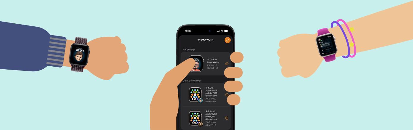 Apple Watch SE 3を装着した2人の子どもの手首と、iPhoneを持っている大人の手のイラスト
