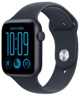 ミッドナイトアルミニウムケースのApple Watch SE 3。右側面の外観、Digital Crown、マイク、サイドボタン。ブラックのスポーツバンド、ピンをはめ込むバックル（ピンはシルバー）