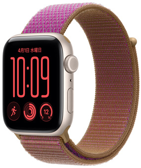 スターライトアルミニウムケースのApple Watch SE 3。右側面の外観、Digital Crownのダイヤル、マイク、サイドボタン。マゼンタのスポーツループバンドが取りつけられている。面ファスナー