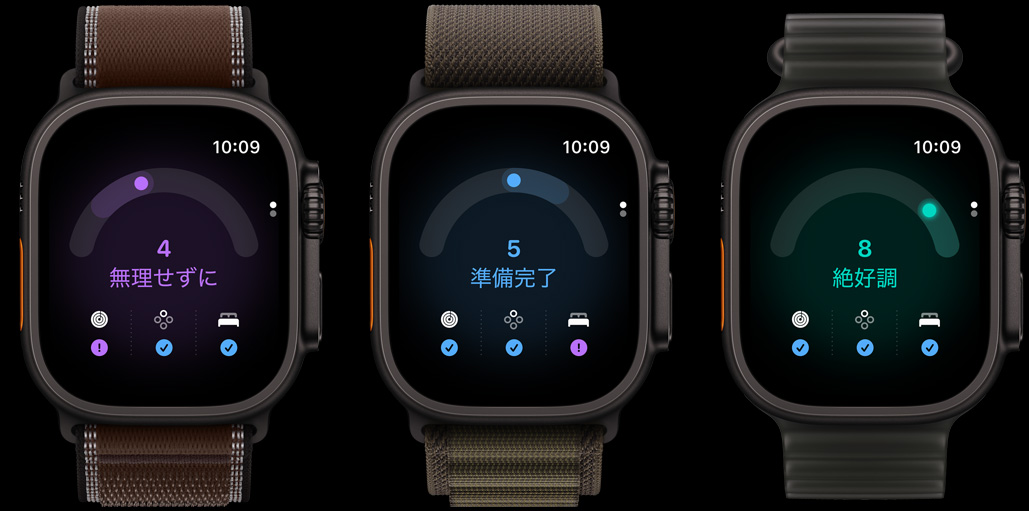 3つのApple Watch Ultra 4。1つ目のブラックチタニウムケースのApple Watch Ultra 4には「4」という準備度スコアが表示され、ダークアンバーのトレイルループバンドが付いている。2つ目のブラックチタニウムケースのApple Watch Ultra 4には、「5」という準備度スコアが表示され、ダークオリーブのアルパインループバンドが付いている。3つ目のブラックチタニウムケースのApple Watch Ultra 4には、「8」という準備度スコアが表示され、トランスルーセントブラックのオーシャンバンドが付いている