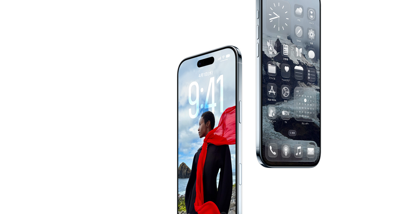 2台のiPhone Airが斜めの状態で空中に浮かんでいる。1台はロック画面、もう1台はマップ、ミュージック、Apple TVなどのアプリが並ぶホーム画面を表示している