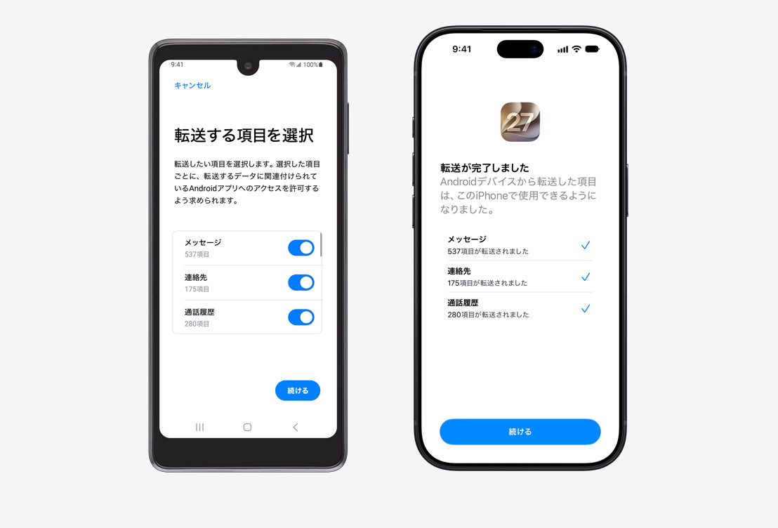 左側にAndroidデバイス、右側にiPhoneがある。iOSに移行アプリが表示されたAndroidデバイス。「転送する項目を選択」という見出しがあり、メッセージ、連絡先、通話履歴が選択されている。iPhoneの画面に「転送が完了しました」と表示されている