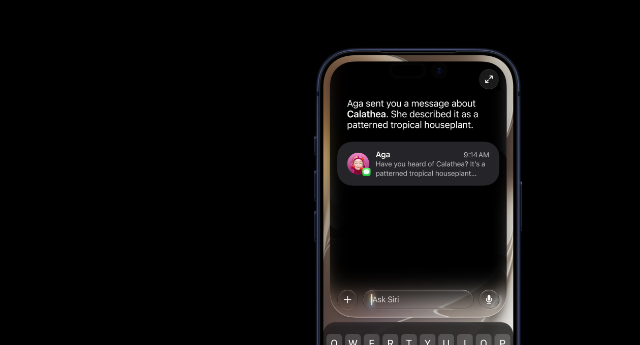 ディープブルーのiPhone 17 Pro。画面には、メッセージアプリの会話で取り上げられた観葉植物に関するSiri AIへの質問が表示されている