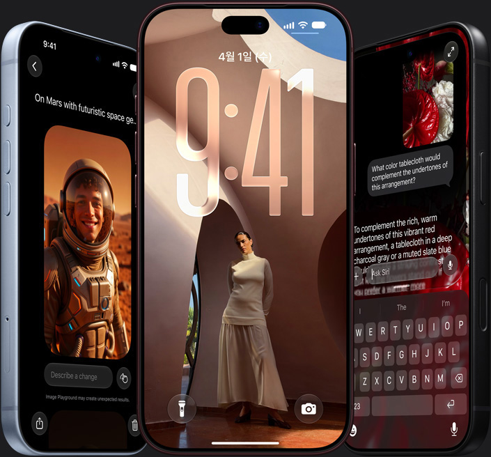 Siri AI 기능. 왼쪽에 비스듬이 놓인 iPhone 18 Pro 글레이셔 모델은 Siri 이미지 생성 기능을 보여주고, 가운데에 놓인 iPhone 18 Pro 버건디 모델은 잠금 화면을 보여주며, 오른쪽에 비스듬히 놓인 iPhone 18 Pro 블랙 모델은 어울리는 식탁보 커버에 관한 Siri에게 요청하기 쿼리를 보여줍니다.