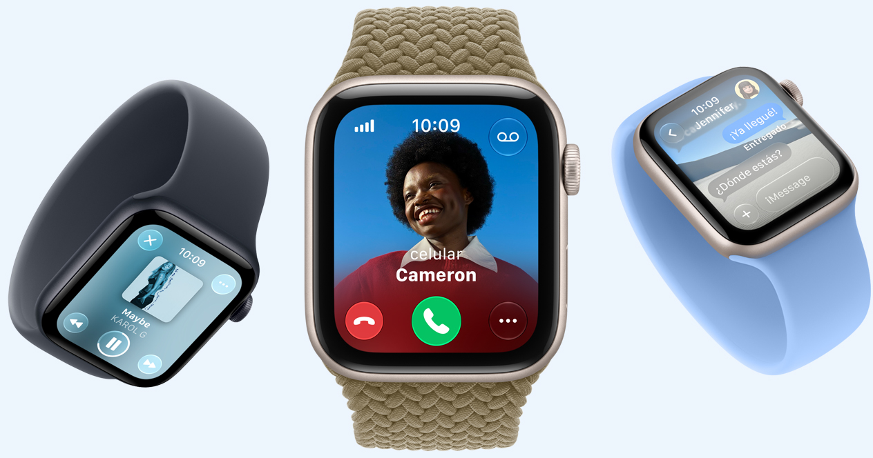 Dispositivos Apple Watch SE 3, cajas de aluminio, colores blanco estelar y medianoche, las pantallas muestran Apple Music, una llamada entrante, Mensajes, correas: correa uniloop, colores azul marino y azul flores silvestres, correa uniloop trenzada, color oliva (verde tierra)