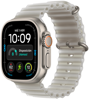 Apple Watch Ultra 4, caja de titanio, color natural, carátula Reloj Digital, complicaciones: día y fecha, Disposición, frecuencia cardiaca, Entrenamientos, temperatura, parte lateral derecha, Digital Crown, botón lateral en relieve, correa Ocean, color gris translúcido