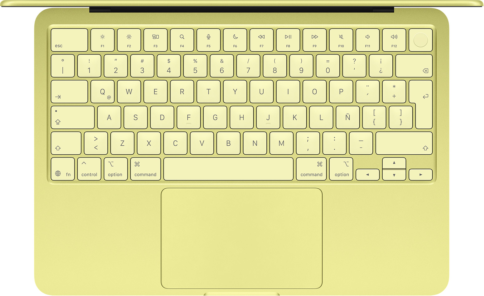 MacBook Neo, vista desde arriba, teclado, fila de teclas de función de tamaño estándar, botón Touch ID, trackpad, color amarillo cítrico