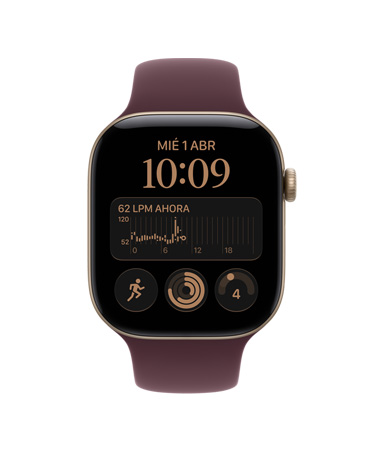 Apple Watch Series 12, caja de aluminio, color oro claro, app Frecuencia Cardiaca, VFC promedio de 72 ms, correa deportiva, color borgoña