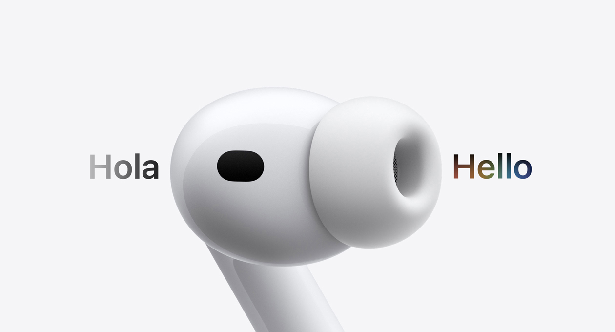 AirPods Pro 3, earbud with silicone tip, Live Translation changes Spanish characters reading 'hola' to English text reading 'hello'