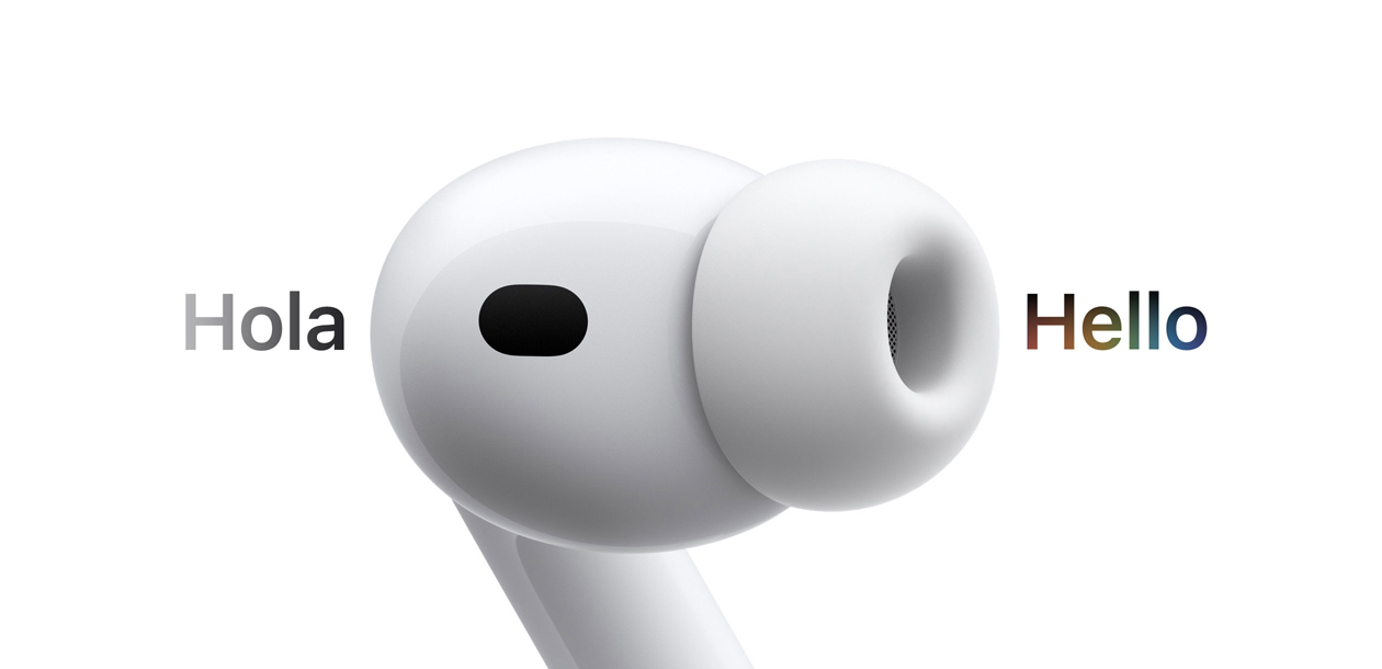 AirPods Pro 3, earbud with silicone tip, Live Translation changes Spanish characters reading 'hola' to English text reading 'hello'