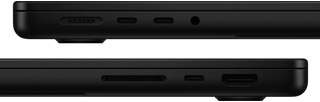 Trīs MacBook Pro porti: kreisajā pusē ir MagSafe 3, divi Thunderbolt porti un austiņu ligzda; labajā pusē ir SDXC kartes slots, viens Thunderbolt ports un HDMI