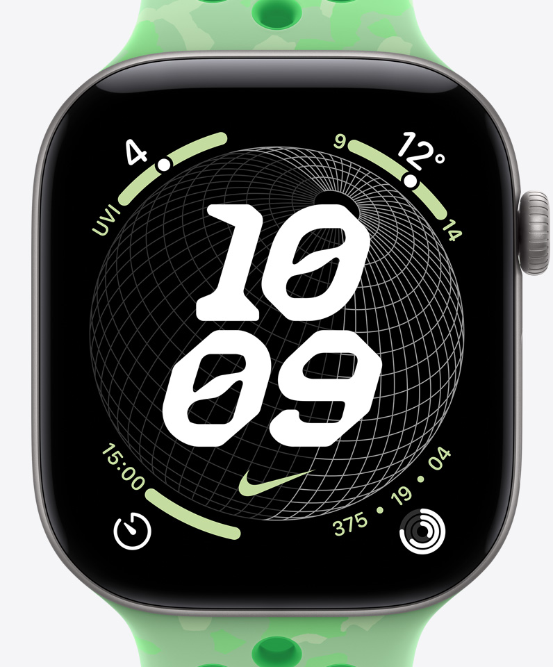 Nike Globe watch face, time, Nike Swoosh logo, complications: UV index, weather, timer, Activity Rings