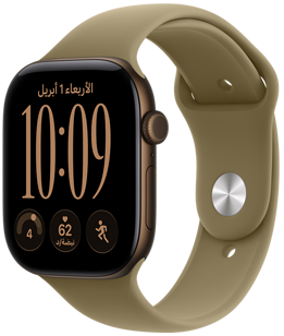 ساعة Apple Watch Series 12، إطار ألومنيوم، لون برونزي داكن، الجهة الخارجية اليمنى، قرص التاج الرقمي، ميكروفون، الزر الجانبي، متصلة بحزام رياضي، لون زيتي (أخضر ترابي)، نظام إغلاق بمشبك على شكل مسمار (مسمار باللون الفضي)