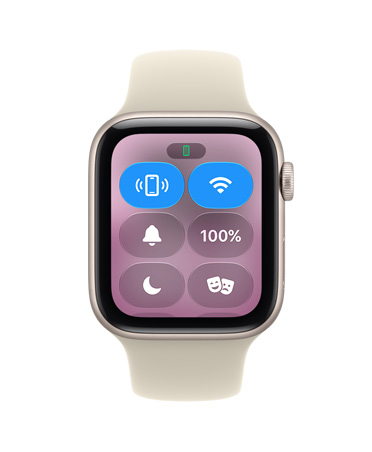 Apple Watch SE 3, aluminum case, starlight color, screen shows Control Center, ping iPhone icon, right side exterior, Digital Crown dial, Sport Band, pale succulent color (light yellow-green)