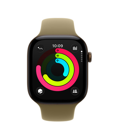 ساعة Apple Watch Series 12، إطار ألومنيوم، لون برونزي داكن، شاشة حلقات النشاط، قياسات الحركة والتمرين والوقوف، حزام رياضي، لون زيتي (أخضر ترابي)