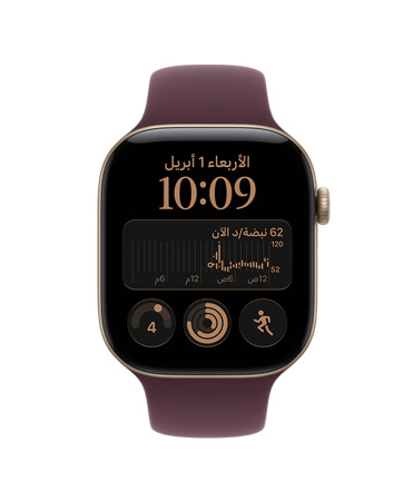 ساعة Apple Watch Series 12، إطار ألومنيوم، لون ذهبي فاتح، تطبيق معدل نبض القلب، متوسط اختلاف معدل نبض القلب (HRV) 72 ملي ثانية، حزام رياضي، لون عنّابي
