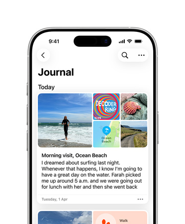 Journal app open to daily journal entry, pictures of a beach day and text about dreams on iPhone