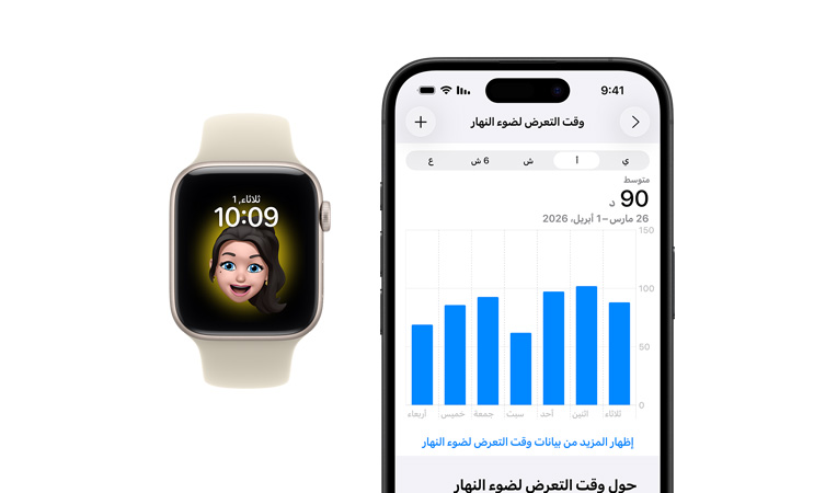 واجهة Apple Watch SE 3، مع حزام رياضي أبيض، الشاشة تُظهر الساعة وميموجي، وبجانبه واجهة iPhone، الشاشة تُظهر تطبيق صحتي، رسم بياني لوقت التعرض لضوء النهار