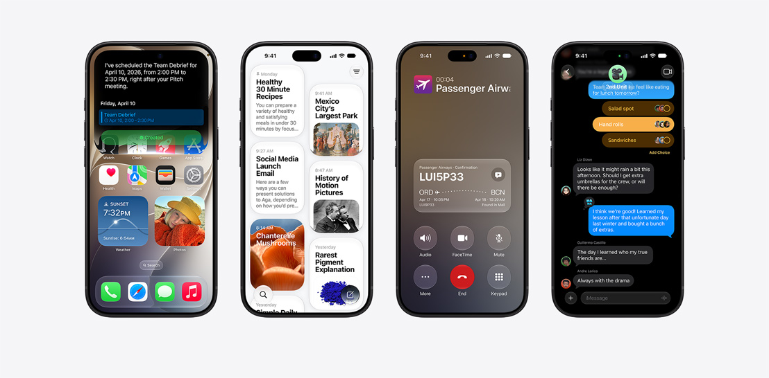 أربعة موديلات iPhone 18 Pro، لقطة مقرّبة للجهة الخارجية الأمامية، يعرض كل واحد منها ميزات مختلفة في نظام iOS. من اليسار إلى اليمين، iPhone 18 Pro، شاشة تعرض اجتماعاً لتلخيص المعلومات بين أعضاء الفريق تمت جدولته بواسطة Siri AI، iPhone 18 Pro، شاشة تعرض تطبيق Siri، شبكة من البطاقات تعرض التفاعلات السابقة، تتضمن موضوعات مثل 'وصفات صحية في 30 دقيقة'، 'أكبر حديقة في مكسيكو سيتي' مع صورة مرافقة، و'إيميل إطلاق وسائل التواصل الاجتماعي'، iPhone 18 Pro، شاشة تعرض مكالمة هاتفية نشطة مع 'خطوط طيران الركاب' مع بطاقة سياق المكالمة في أسفل الشاشة مع تفاصيل تأكيد الرحلة ذات الصلة، بما في ذلك رمز الحجز، والطريق من مطار جون إف كينيدي إلى مطار رأس الخيمة، وأوقات الرحلات، مع ملاحظة تشير إلى أن المعلومات 'تم العثور عليها في البريد'، iPhone 18 Pro، شاشة تعرض محادثة مع Sir AI، يسأل فيها المستخدم عن لون مفرش المائدة.
